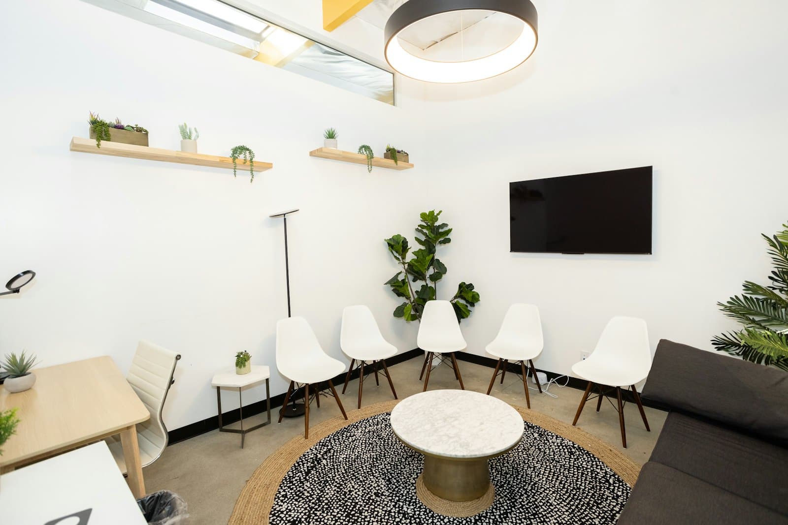 Bright, airy waiting room with white chairs and plants